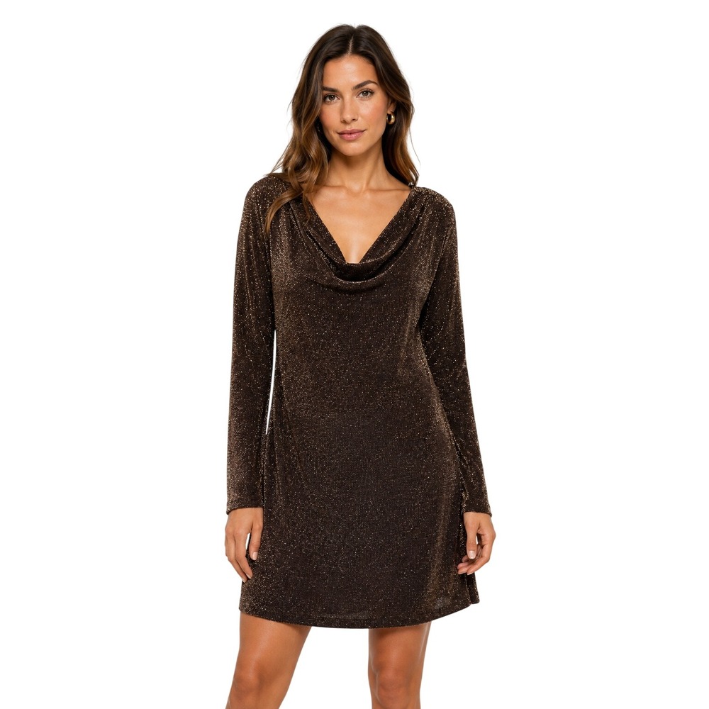 Michael Kors Cowl Neck Dress Women Petite Medium Black Gold New Metallic Shimmer
